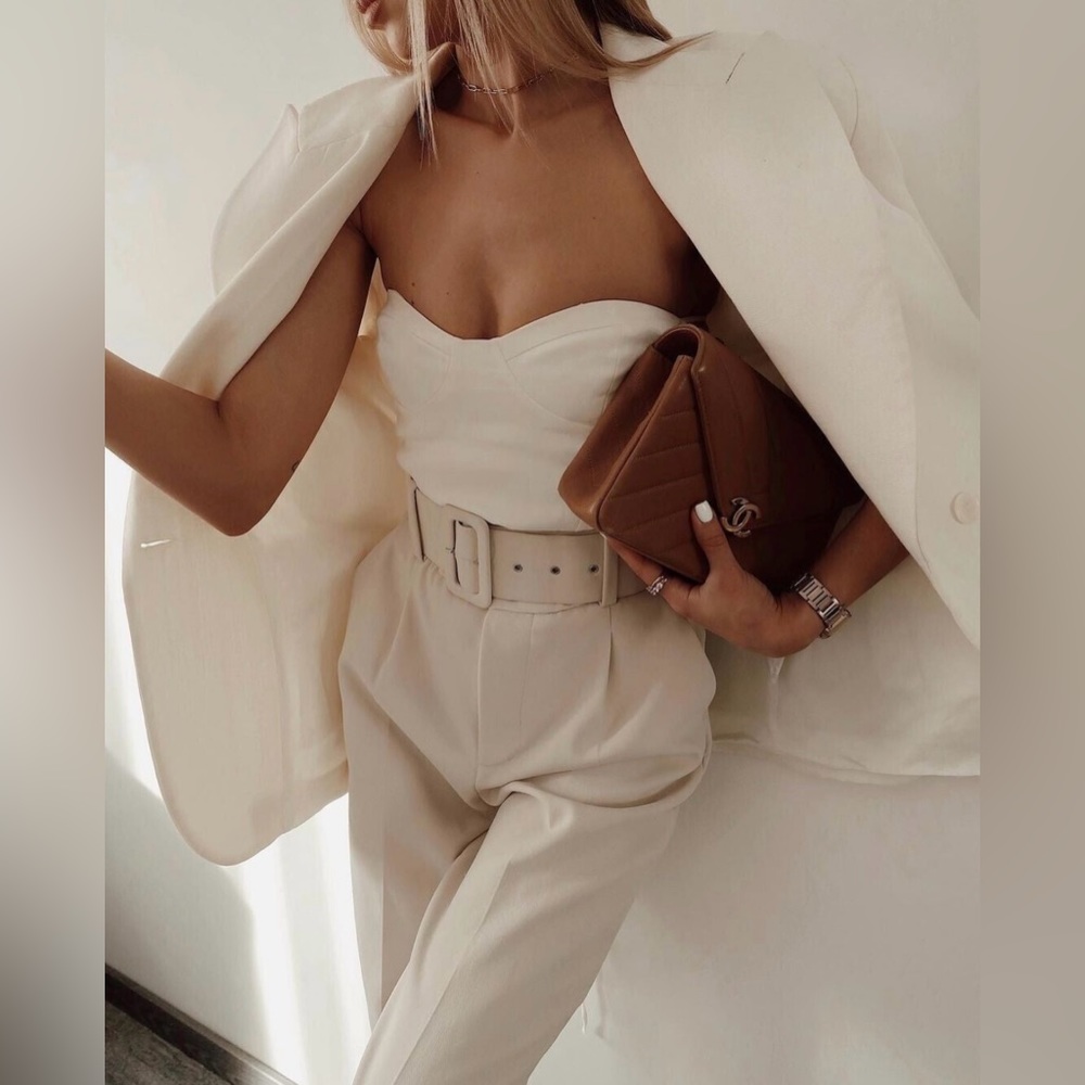 Zara Cream High Waisted Belted Trouser Pants